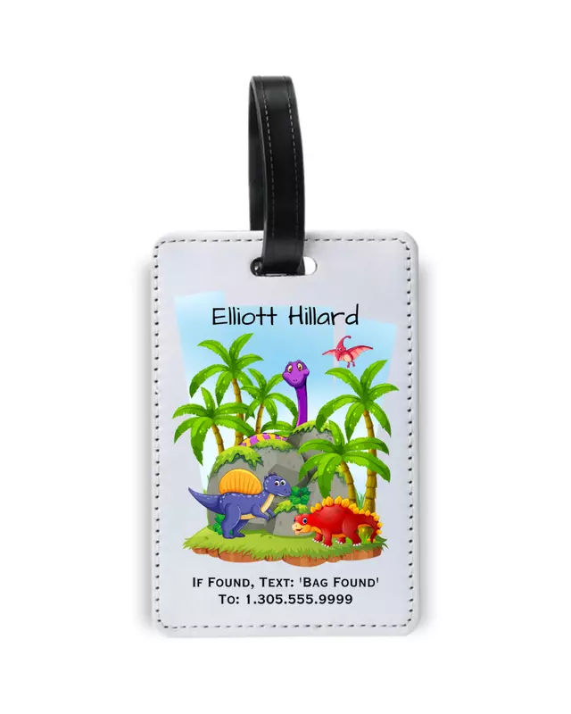 Personalized kids luggage tag featuring colorful travel-themed designs for children.