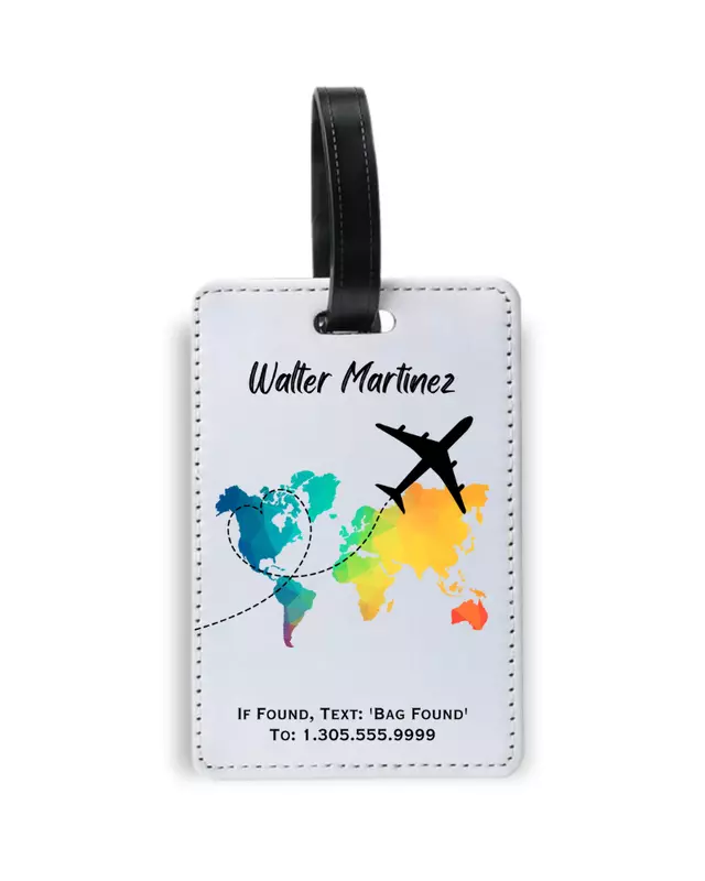 Personalized luggage tag featuring custom travel-inspired designs for adults.