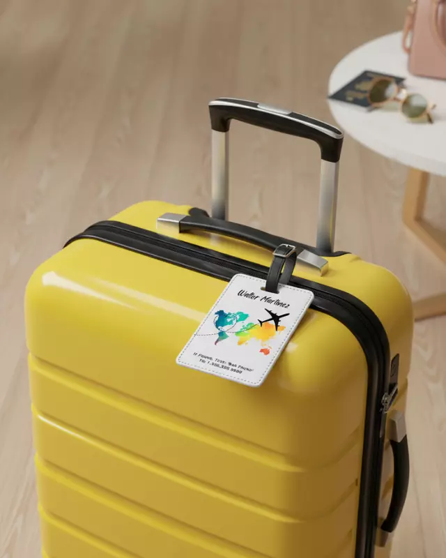 Personalized luggage tag featuring custom travel-inspired designs for adults.