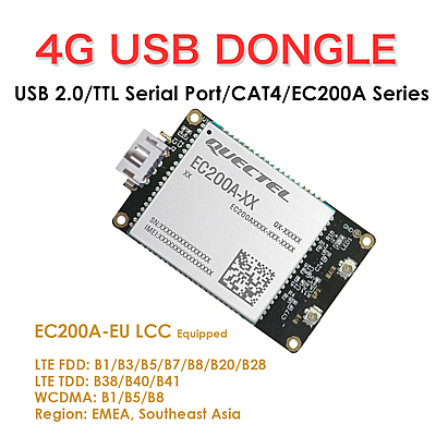 4G LTE USB Dongle with EC200A LCC Modem, SIM Slot, USB-A or 4PIN PH2.0 Connector for Windows/Linux/Android