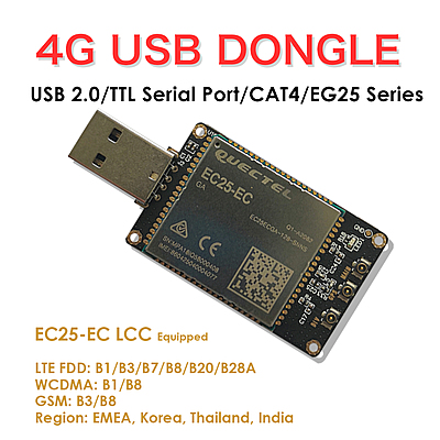 4G LTE USB Dongle with Quectel EC25 Series LCC Modem, SIM Slot, GPS, USB-A or 4PIN PH2.0 for IoT and M2M Applications