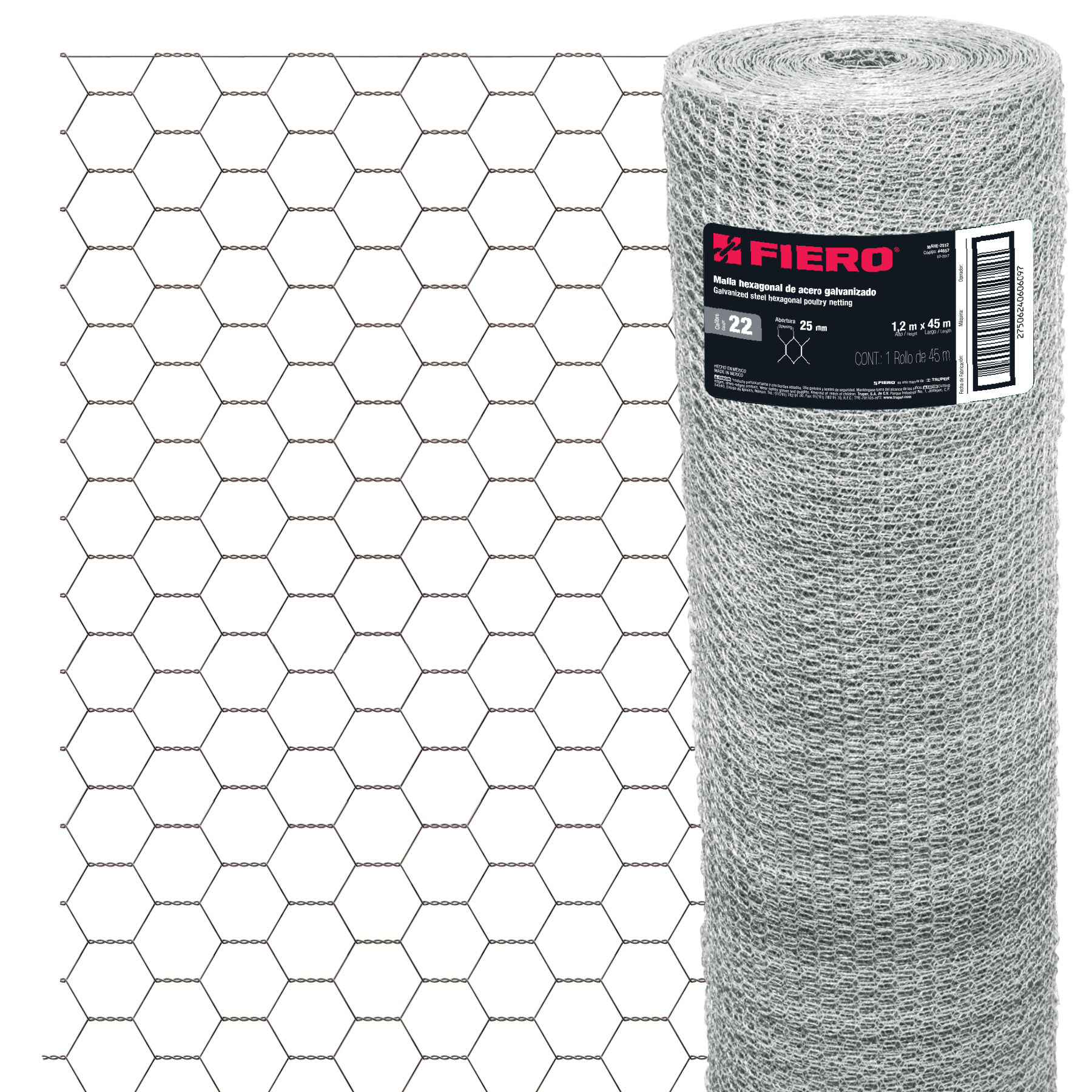 Rollo malla hexagonal cal.22, 1.2x 45m, abertura 25mm, 16kg-MAHE-2512 / 44657
