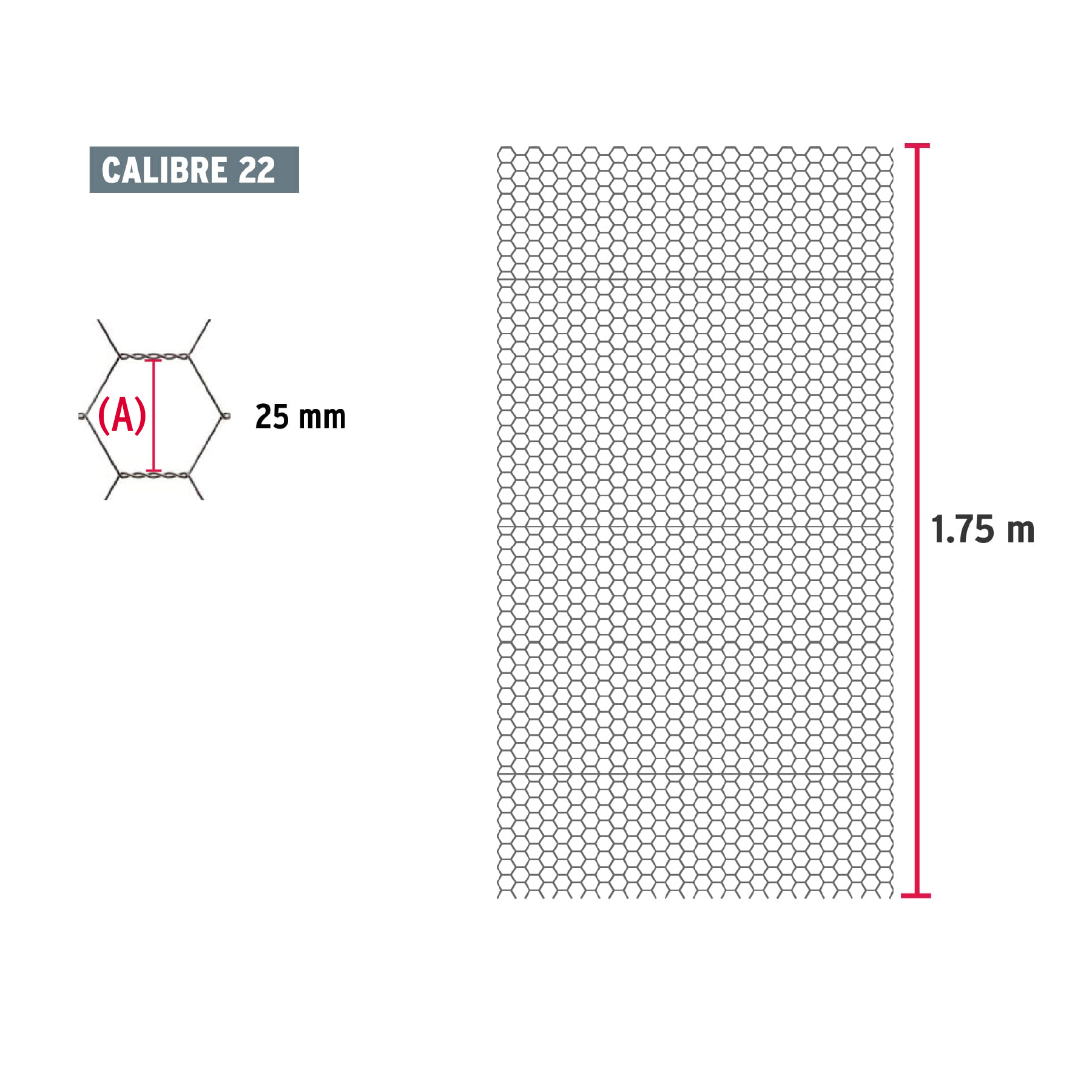 Rollo malla hexagonal cal.22, 1.75x 45m, abertura 25mm, 23kg-MAHE-2517 / 44659