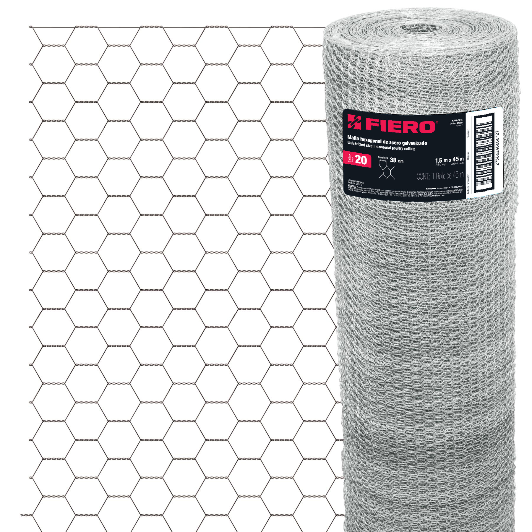 Rollo malla hexagonal cal.20, 1.5x 45m, abertura 38mm, 19kg-MAHE-3815 / 44660