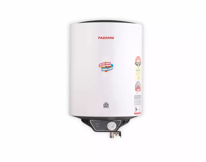 The sleek Padmini Electric Water Heater Majesty 15L installed on a modern bathroom wall in Gurgaon.