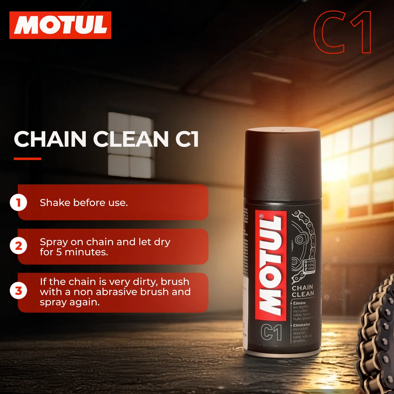 MOTUL C1-C2 CHAIN MAINTENANCE KIT 300ML MOTUL C1-C2 CHAIN MAINTENANCE KIT 300ML