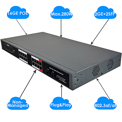 16-Port Gigabit PoE+ Switch with 2 SFP Slots | 260W Budget | 30W per Port | DIN Rail Mount | Non-Managed