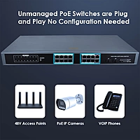 16-Port Gigabit PoE+ Switch with 2 SFP Slots | 260W Budget | 30W per Port | DIN Rail Mount | Non-Managed