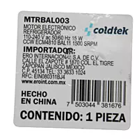 Motor Balero Ba11, Refrigerador, ECM4810, 110-240V, 50/60Hz, 15W, CCW, Proteccion Clase IP65, sirve para refrigerador IMBERA, 1500 RPMs - MTRBAL003