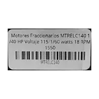 Motores Fraccionarios MTRELC140 1/40 HP Voltaje 115/1/60 watts 18 RPM 1550