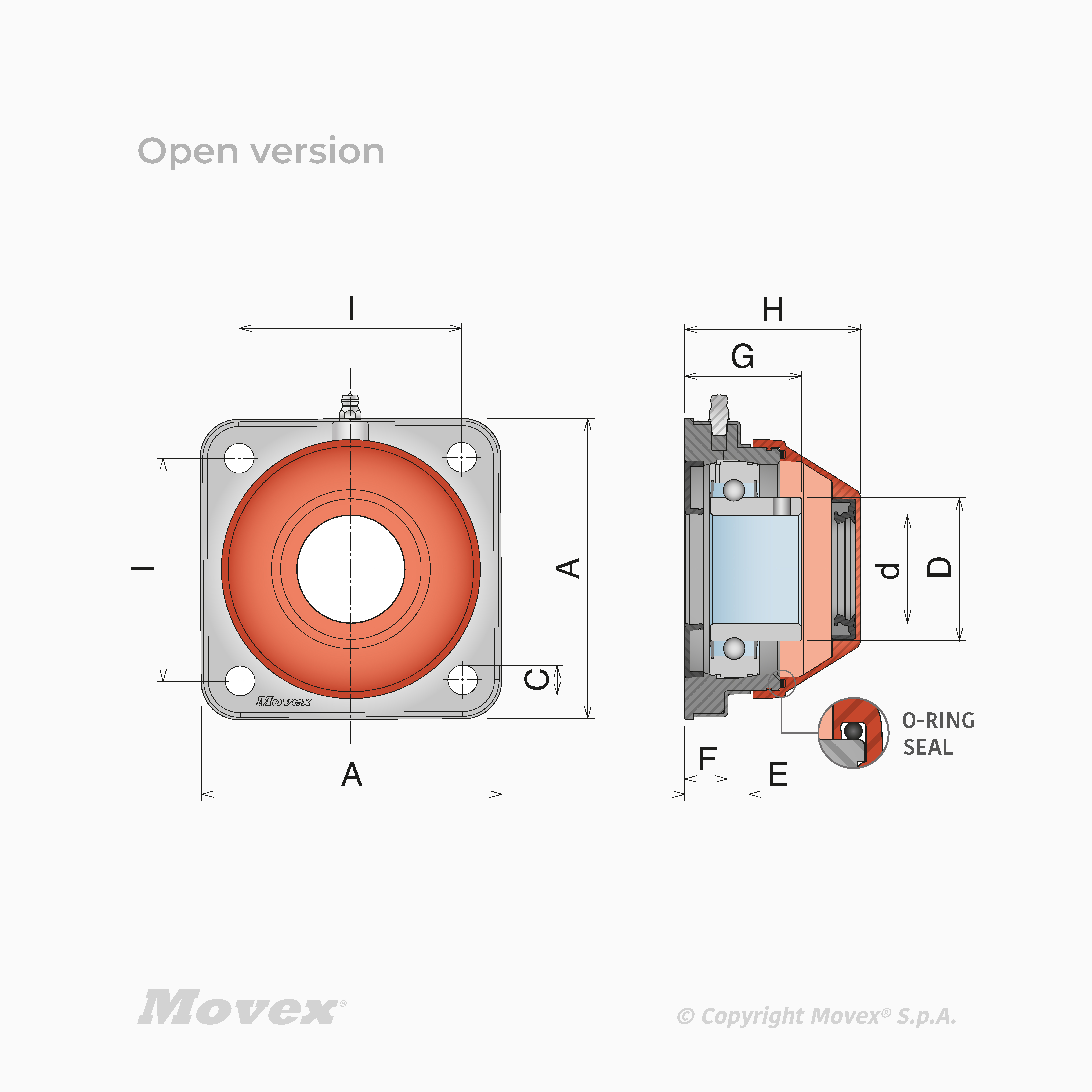 Movex, 4-HOLES SOLID BEARING SUPPORT WATERTIGHT CS 208 d 40 - OPEN - I83 mm 110X110 INS.INOX, P85004SS