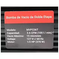 Bomba de Vacio 3.6 CFM, 1/2 HP, 2 etapas, 127 VCA, 60HZ con Válvula de Bloqueo - MVP236T