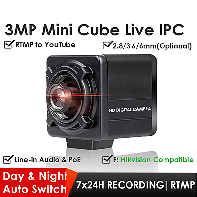 3MP PoE Mini Cube Live Streaming IP Camera, H.265, RTMP to YouTube & Facebook, ONVIF, SNMP, Multicast, 3.5mm Line-in Audio