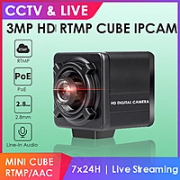 3MP PoE Mini Cube Live Streaming IP Camera, H.265, RTMP to YouTube & Facebook, ONVIF, SNMP, Multicast, 3.5mm Line-in Audio