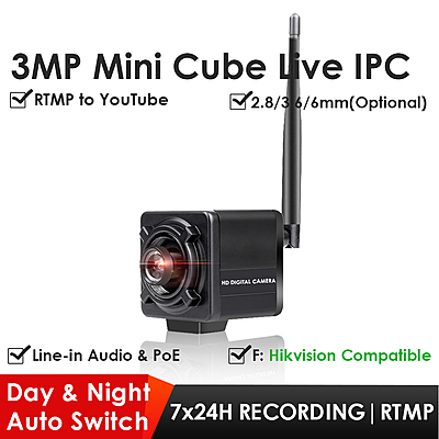3MP Wireless Mini Cube Live Streaming IP Camera, H.265, RTMP to YouTube & Facebook, ONVIF, SNMP, Multicast, 3.5mm Line-in Audio