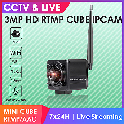 3MP Wireless Mini Cube Live Streaming IP Camera, H.265, RTMP to YouTube & Facebook, ONVIF, SNMP, Multicast, 3.5mm Line-in Audio