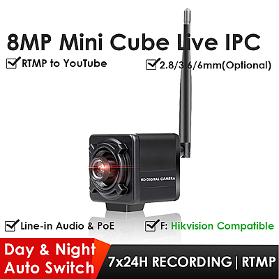 4K 8MP WiFi Mini Cube IP Camera, Starlight Imaging, Wireless Live Streaming for UFO Catcher/Sparkle Drop, RTMP to YouTube, Facebook, Twitch
