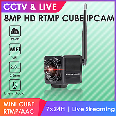 4K 8MP WiFi Mini Cube IP Camera, Starlight Imaging, Wireless Live Streaming for UFO Catcher/Sparkle Drop, RTMP to YouTube, Facebook, Twitch