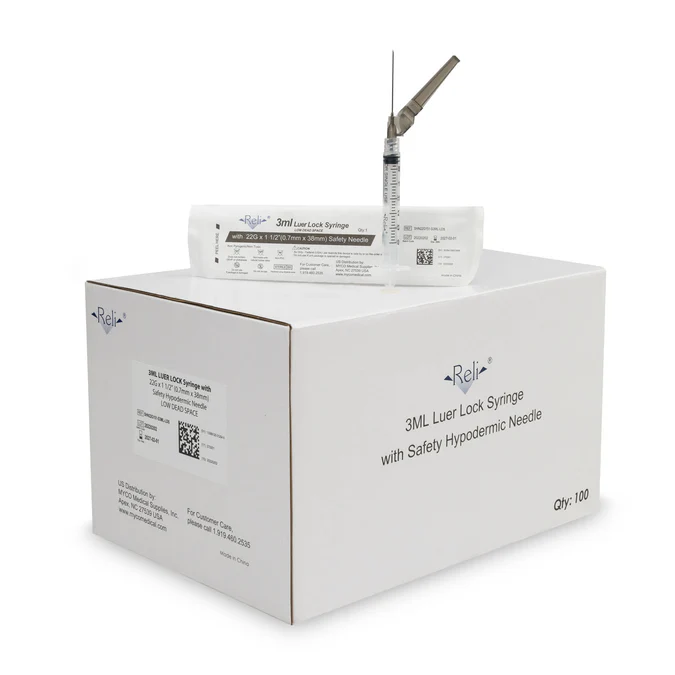 Reli® Safety Hypodermic Syringe with Needle, 3 mL, 22G x 1-1/2 Inch