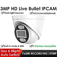 3MP WiFi Dual Light Dome Live Streaming IP Camera, H.265, 2.8mm Lens, RTMP to YouTube & Facebook, Indoor/Outdoor, Compatible with ONVIF/HK