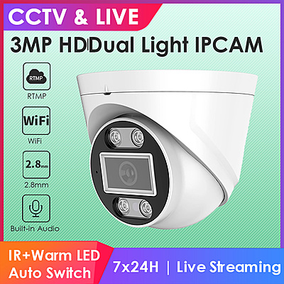3MP WiFi Dual Light Dome Live Streaming IP Camera, H.265, 2.8mm Lens, RTMP to YouTube & Facebook, Indoor/Outdoor, Compatible with ONVIF/HK