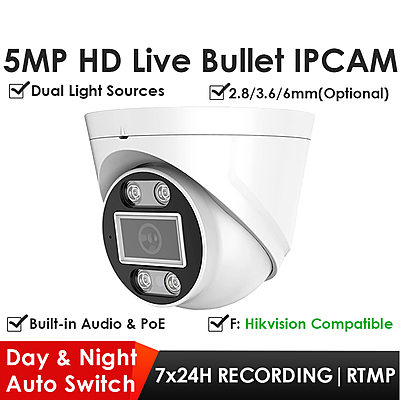 5MP POE Dual-Light Dome IP Camera, UltraHD Security Camera with Audio, H.265, RTMP Live Stream to YouTube/Facebook, ONVIF/Hikvision Compatible, Indoor/Outdoor