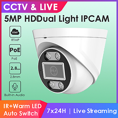 5MP POE Dual-Light Dome IP Camera, UltraHD Security Camera with Audio, H.265, RTMP Live Stream to YouTube/Facebook, ONVIF/Hikvision Compatible, Indoor/Outdoor