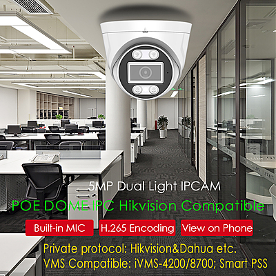 5MP POE Dual-Light Dome IP Camera, UltraHD Security Camera with Audio, H.265, RTMP Live Stream to YouTube/Facebook, ONVIF/Hikvision Compatible, Indoor/Outdoor
