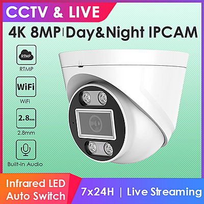 4K 8MP Wireless Dome IP Camera with Smart IR, 2.8mm Lens, RTMP Streaming, Audio, IP66, Hikvision Compatible, for Indoor/Outdoor Surveillance & Live Broadcast