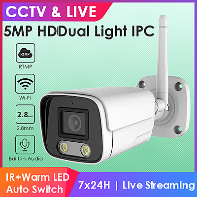 5MP Wireless Bullet IP Camera with Dual Light, Audio, 2.8mm Lens, RTMP Streaming to YouTube, Facebook, Hikvision Compatible, Outdoor WiFi Security Cam