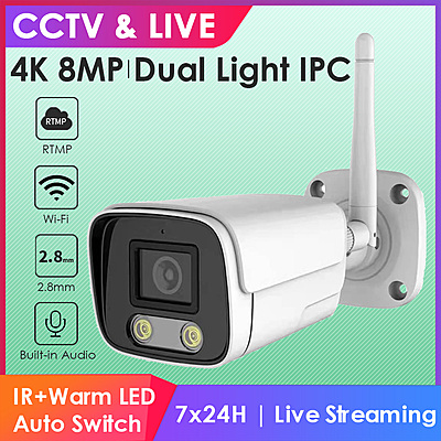 4K 8MP Wireless Bullet IP Camera – Dual Light or Smart IR, Built-In Audio, RTMP to YouTube/Facebook, 2.8mm Lens, Hikvision-Compatible, Outdoor Security Streaming Cam