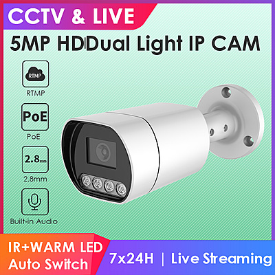 5MP PoE Bullet IP Camera, Dual Light Outdoor Security Cam with RTMP, 2.8mm Lens, ONVIF, Audio, Hikvision-Compatible for Live YouTube/Facebook Broadcast