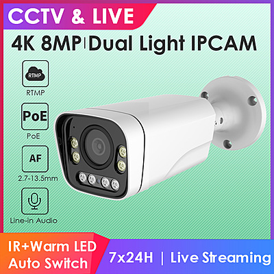 4K Optical Zoom IP Camera – 5X Varifocal 8MP Outdoor POE Bullet Cam, Dual Light, Human Detection, RTMP to YouTube/Facebook, IP66, 2.7–13.5mm Lens