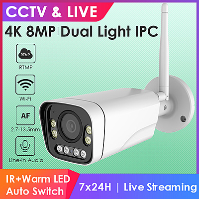 4K 5X Optical Zoom Wireless Security Camera – 8MP Outdoor Bullet Cam, Dual Light, Human Detection, 2.7–13.5mm Varifocal Lens, RTMP to YouTube/Facebook, IP66