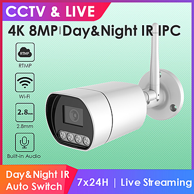 4K 8MP Wireless Bullet IP Camera – Dual Light or Smart IR, Built-In Audio, RTMP to YouTube/Facebook, 2.8mm Lens, Hikvision-Compatible, IP66 for Indoor/Outdoor