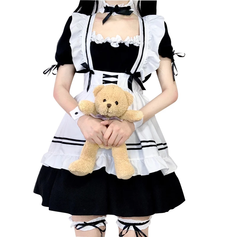 Maid Cosplay Costume Anime Dress Set with skirt, apron, neck bracelet, leg ring, headdress