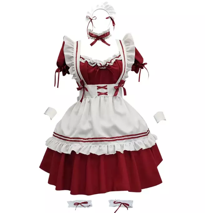 Maid Cosplay Costume Anime Dress Set with skirt, apron, neck bracelet, leg ring, headdress
