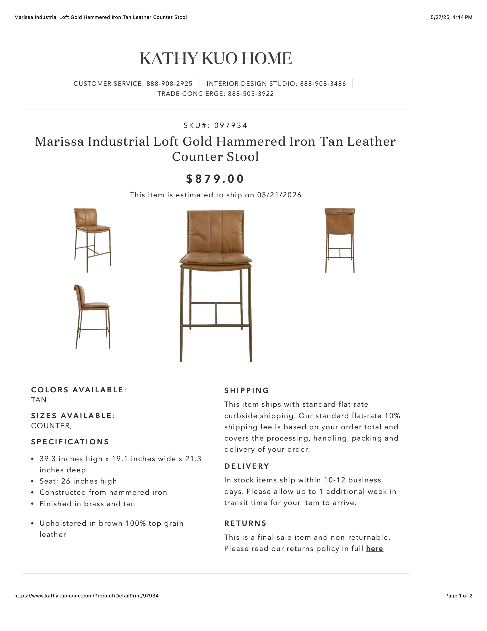 Marissa Industrial Loft Gold Hammered Iron Tan Leather Counter Stool