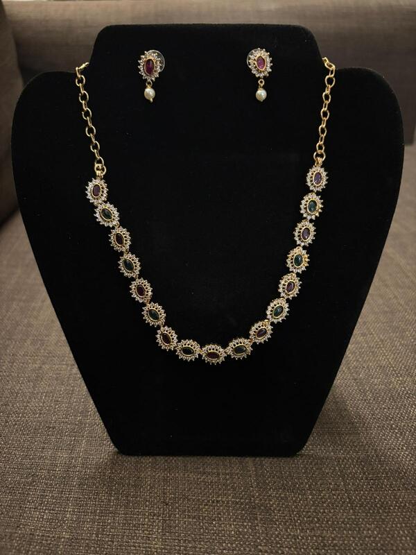 AD stone Maroon-Green Oval design necklace with earrings