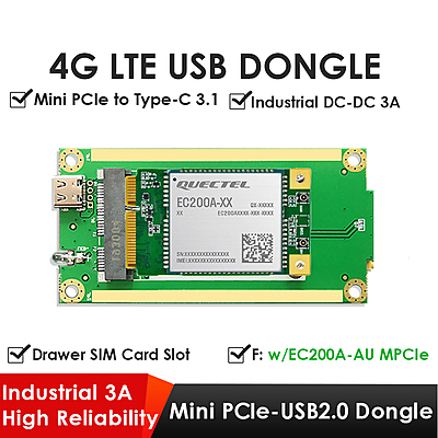 4G LTE Dongle with Quectel EC200A Mini PCIe Module, Mini PCIe to USB Type-C Adapter, Drawer SIM Slot for IoT/M2M Connectivity