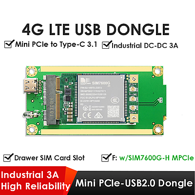4G LTE Dongle with SIM7600G-H R2 Mini PCIe Module, Mini PCIe to USB Type-C Adapter, Drawer SIM Slot for Global IoT/M2M Deployments