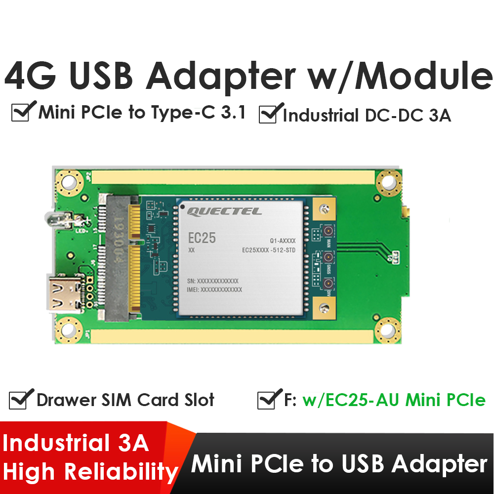 4G LTE Industrial Mini PCIe to USB Type-C 3.1 Adapter with SIM Slot – USB 2.0 Interface for Quectel EC25/EC20, Ideal for IoT, Raspberry Pi, Industrial Networking