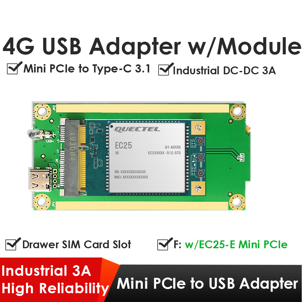 4G LTE Industrial Mini PCIe to USB Type-C 3.1 Adapter with SIM Slot – USB 2.0 Interface for Quectel EC25/EC20, Ideal for IoT, Raspberry Pi, Industrial Networking
