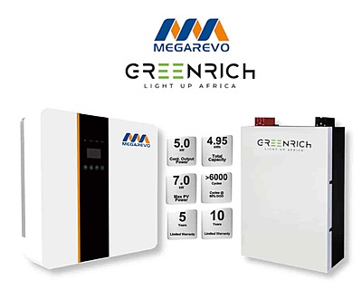 5.0 kW MEGAREVO - GREENRICH Combo, c/w 1x 4.95 kWh Lithium Batterry 5.0 kW MEGAREVO - GREENRICH Combo, c/w 1x 4.95 kWh Lithium Batterry
