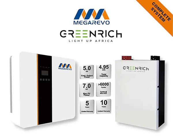 5.0 kW MEGAREVO - GREENRICH Combo, c/w 1x 4.95 kWh Lithium Batterry