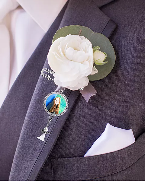 Tribute Collection personalized boutonniere charm featuring custom memorial photo design.