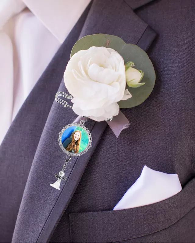 Tribute Collection personalized boutonniere charm featuring custom memorial photo design.
