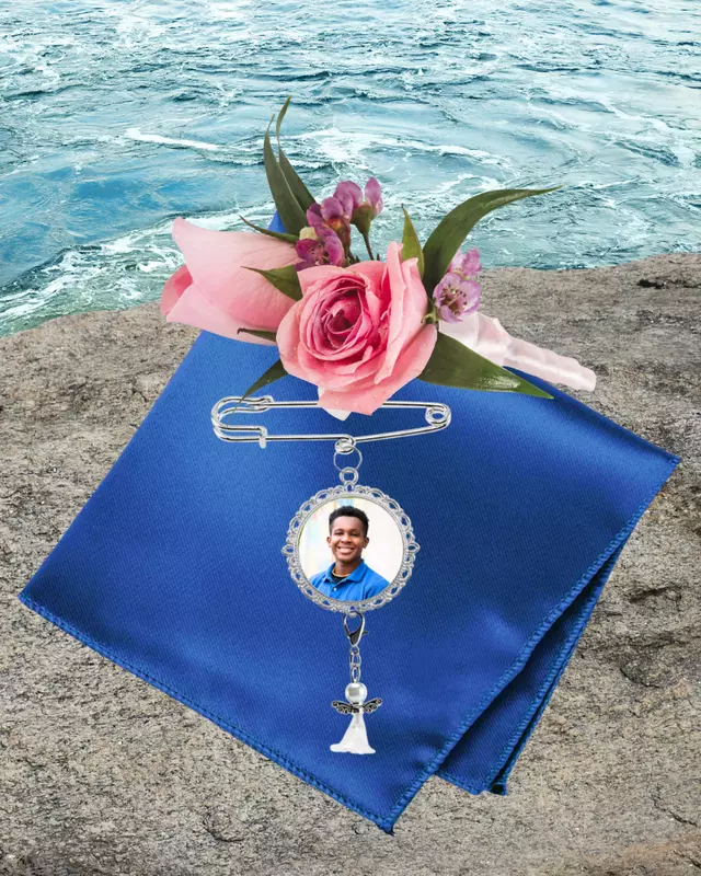 Tribute Collection personalized boutonniere charm featuring custom memorial photo design.