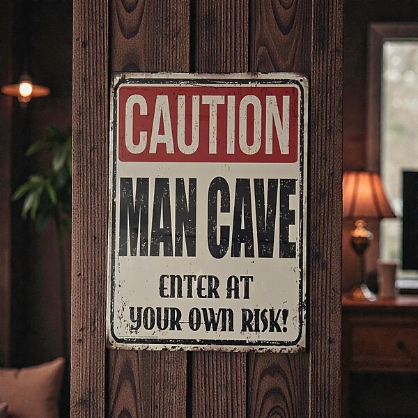 Caution Man Cave Metal Sign