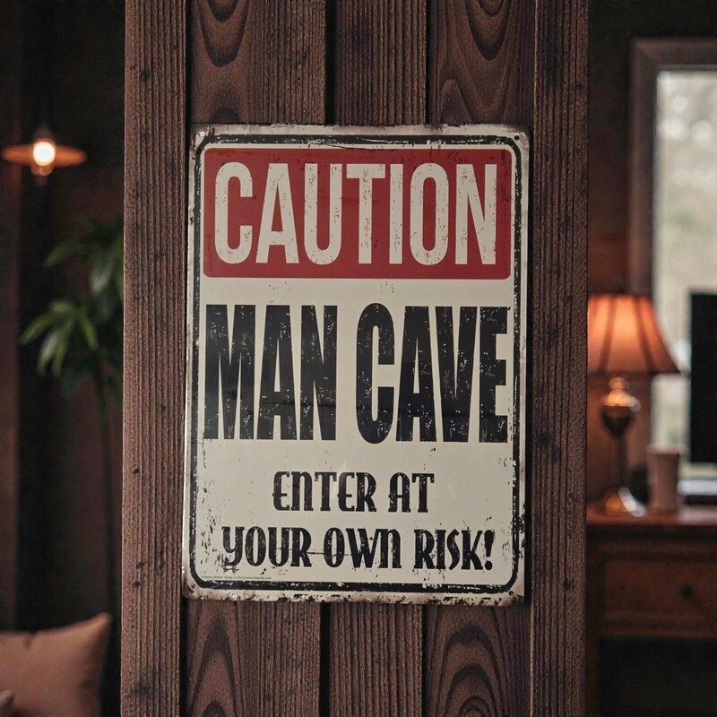 Caution Man Cave Metal Sign